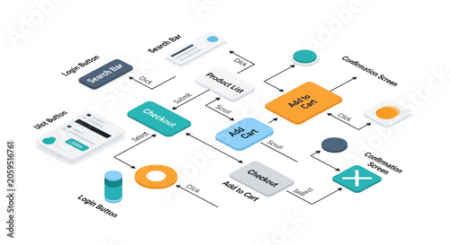 Fotografie A complex infographic with various colorful shapes and symbols connected by lines