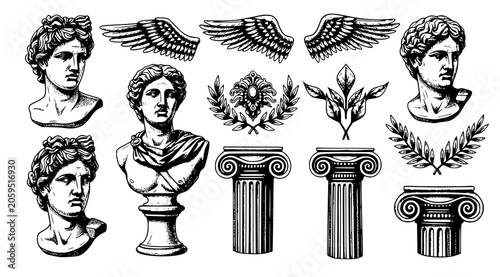 Ancient greek statue busts and architectural elements set with sculpture, classical