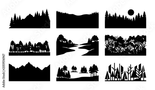 Fotografie Diverse Forest Landscapes Vector Silhouettes, Nature Scenes Collection, Mountain