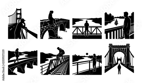 Foto Solitary Figures on Bridges, Vector Silhouettes: Contemplation, Journey, Connect