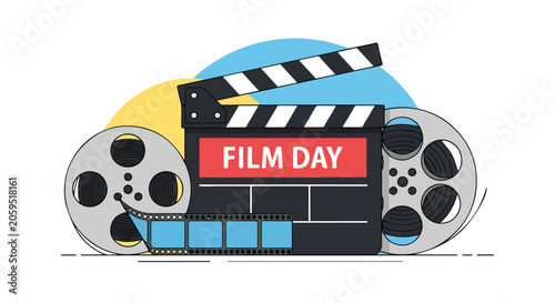 Fotografía A film clapper with film reels and a red label