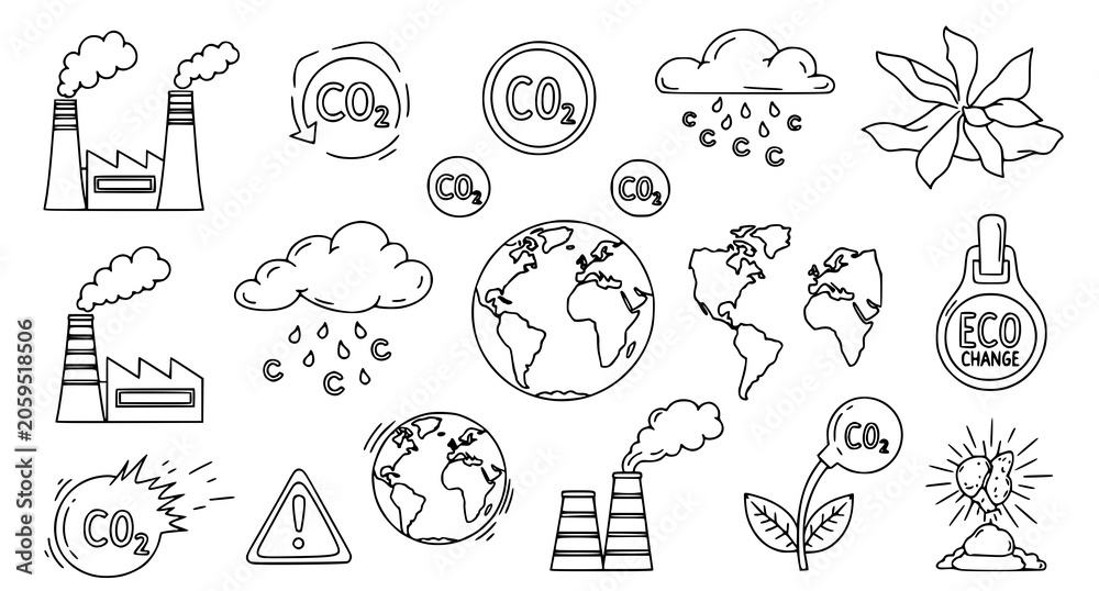 Obraz premium Eco friendly and carbon neutral concept hand drawn icon set with environment