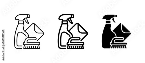Fotografia Cleaning Supplies Icons: Spray Bottle, Cloth, Brush Set