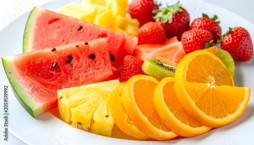 Plato de frutas frescas variadas con sandía, piña, naranja, kiwi y fresas sobre fondo claro