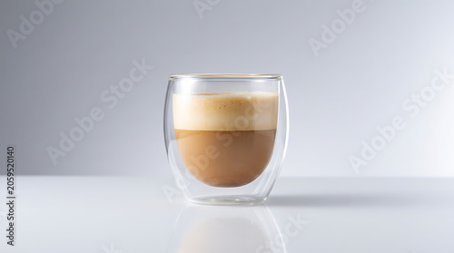 Layered coffee drink in double walled glass on reflective surface