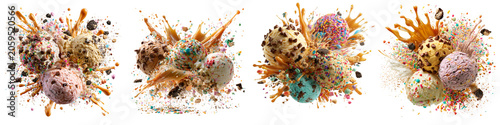 Colorful ice cream scoops with sprinkles and caramel sauce isolated on transparent background