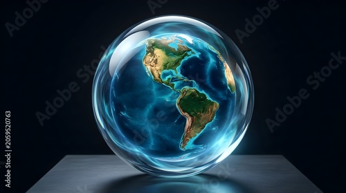 Realistic planet Earth interacting with a glowing glass sphere on a dark background