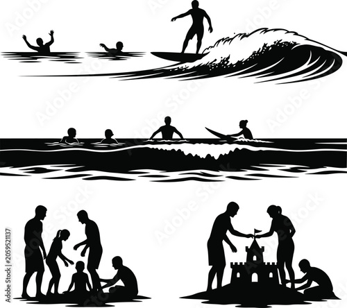 Photography Beach and ocean silhouette scenes: surfing and sandcastles
