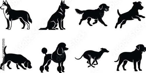 Quadro su tela Dog Breed Silhouette Vector Collection Featuring Standing Running Sitting and Pl
