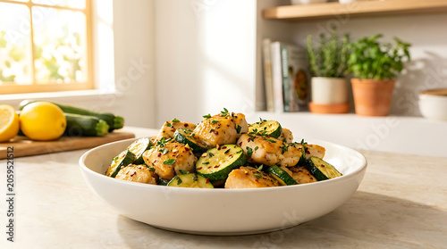 Chicken And Zucchini Saut In White Bowl Kitchen Setting