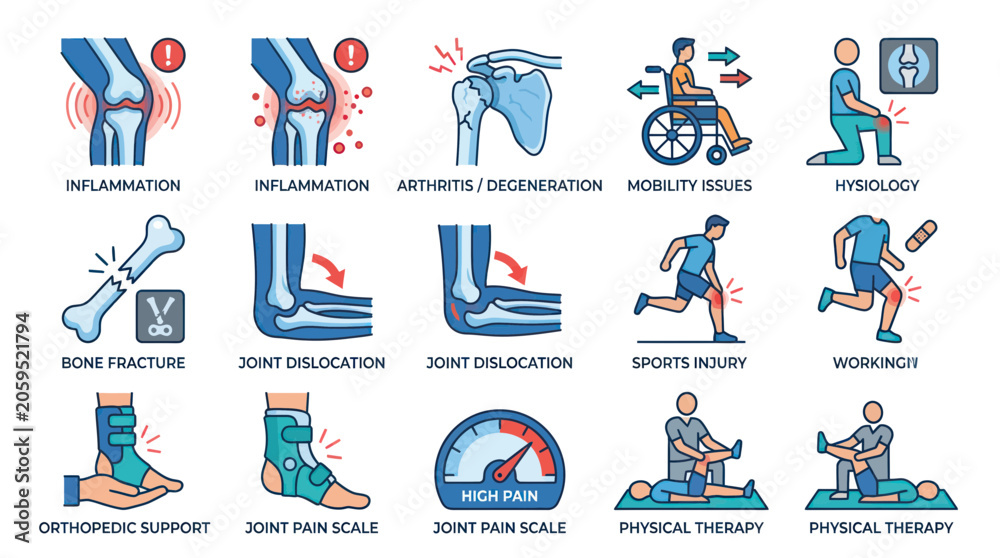 Fototapeta premium Joint pain inflammation and orthopedic medical icon set