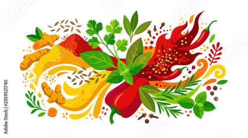 Dynamic assortment of aromatic spices herbs and red hot peppers