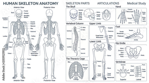 Quadro em tela Human skeleton anatomy chart with labeled bones and medical diagrams