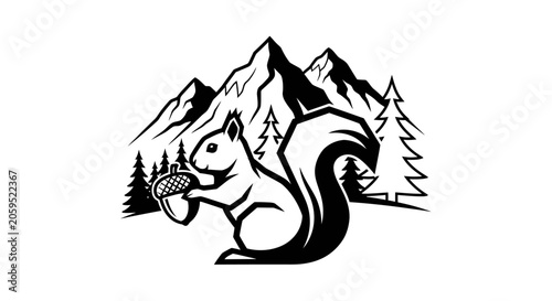 Black and White Squirrel Holding Acorn with Mountain Landscape Vector Illustration
