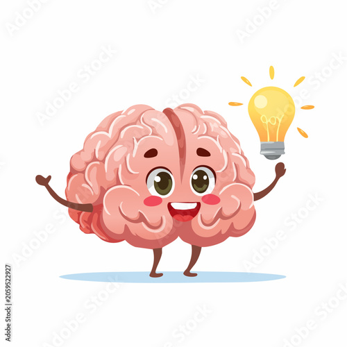 Cartoon Brain Character Holding a Glowing Light Bulb