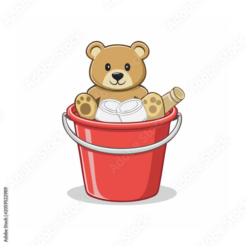 Cartoon Teddy Bear in Red Bucket with Spade