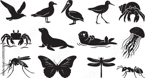 Canvas Print Set of marine animals, birds and insects silhouettes