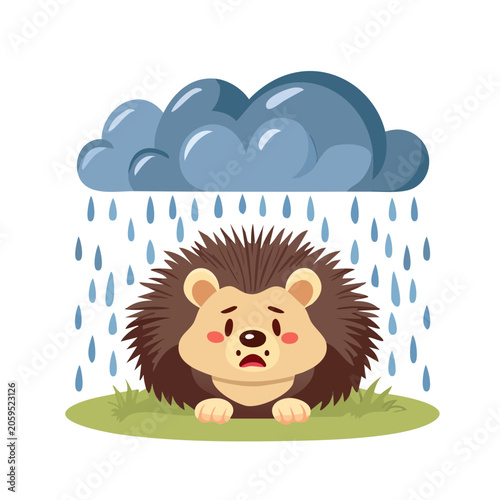 Cute cartoon hedgehog in the rain