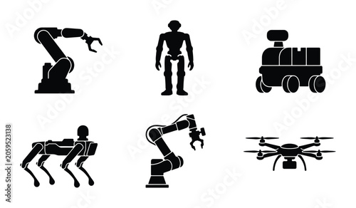 Photos Robotics Icons Set: Industrial Arms, Humanoid, Quadruped, Drone, Futuristic Vehi