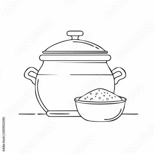 Line Art Illustration of a Cooking Pot and Bowl of Grains