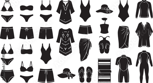 Cuadro en lienzo Set of beach wear and summer vacation accessories icons