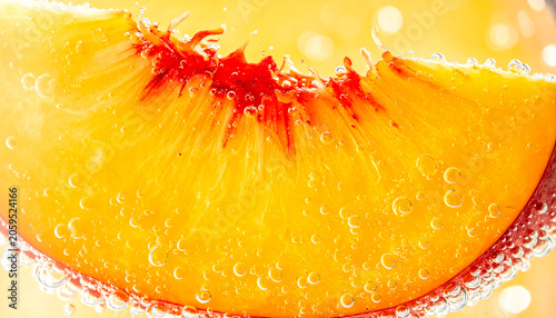 Fresh peach slice with sparkling water droplets on surface.