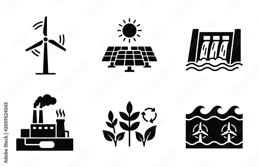 Naklejka premium Renewable Energy Icons: Solar, Wind, Hydro, Biomass, Geothermal, Factory Set