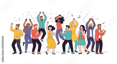 A diverse group of people dancing and celebrating