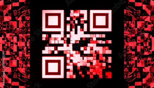 Red neon QR code flanked by abstract geometric patterns