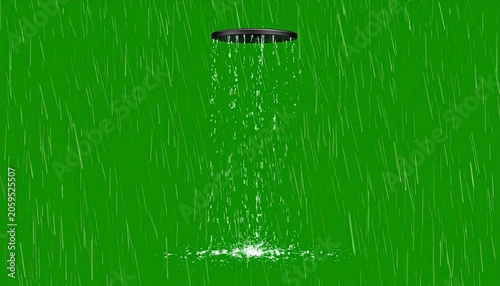 Showerhead spraying water, falling on a green backdrop