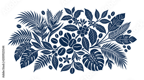 Coffee beans and tropical plant foliage botanical arrangement
