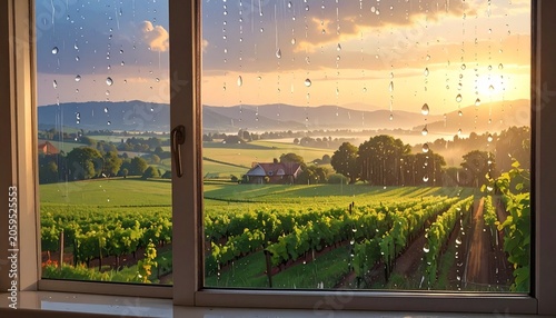 Rain-streaked window view of a sunny landscape