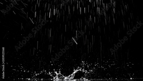 Raindrops splashing, dark background, monochrome