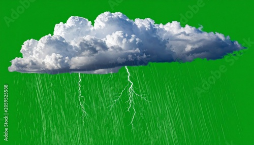 Cloud releasing rain and lightning on green screen
