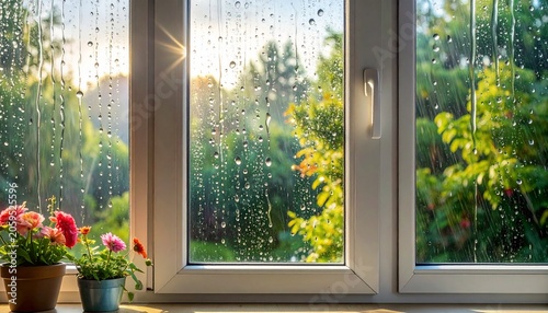 Rainy view through a window, flowers, trees, and sunlight