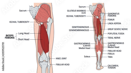 Fotografie Human leg posterior muscles and nerves anatomical diagram