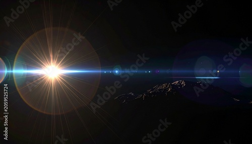 Bright star flares over a dark, rocky landscape