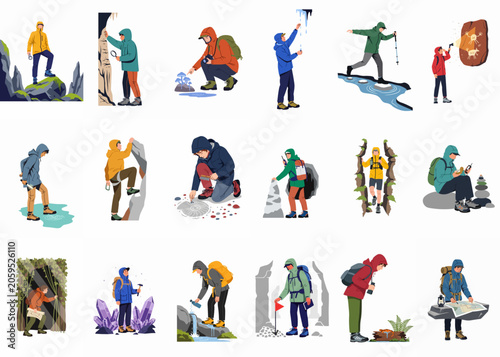 Bild auf Leinwand Set of Flat Illustrations Featuring Adventurers and Scientists Exploring Nature,