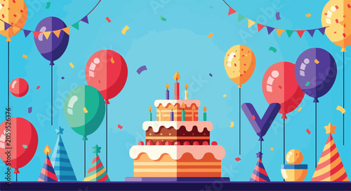 Colorful celebration scene with cake, balloons