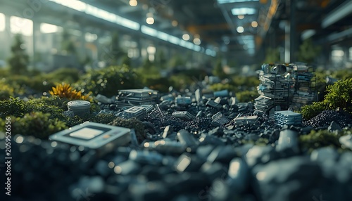 Green moss and plants growing over discarded electronic waste and motherboards for e-waste recycling and environmental ecology concept