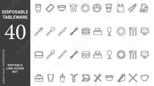 Foto Set of 40 outline icons related to disposable tableware