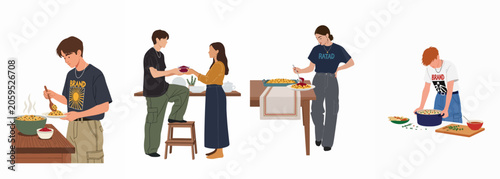 Illustrations of Young People Cooking and Sharing Homemade Meals in a Modern Casual Style