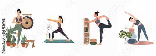 Collection of flat vector illustrations depicting women practicing different yoga poses in a minimalist home environment for wellness and healthy lifestyle.
