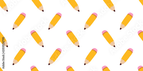 Cute school background with hand drawn pencil. Seamless patten design. Banner. Vector flat illustration.