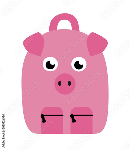 Cute school kid backpack decorated with pig animal face and ears. Vector flat illustration.