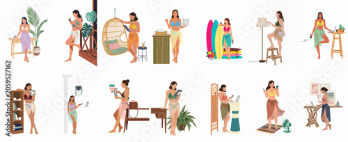 Fotografía Set of diverse women in bikinis and sarongs working remotely with laptops, tablets, and phones in tropical environments, depicting digital nomad lifestyle