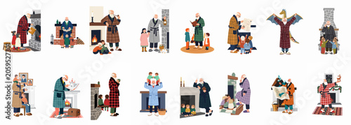 Flat illustration set of a cozy grandfather in bathrobes sharing stories and activities with grandchildren by the fireplace in various indoor scenes.