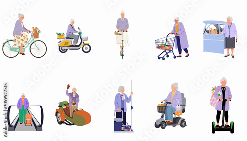 Collection of illustrations showing an active senior woman using various modes of transportation for shopping and travel, including bicycle, scooter, car, and mobility aids.