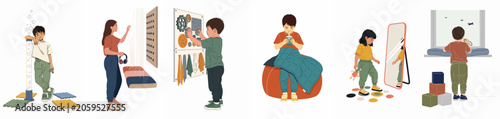 Foto Illustration of children engaging in various sensory integration and therapeutic activities in a specialized sensory room setting