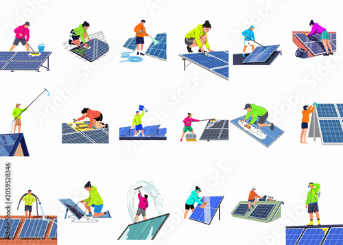 Flat vector illustration collection of people cleaning and maintaining solar panels on roofs and ground mounts for sustainable energy efficiency.